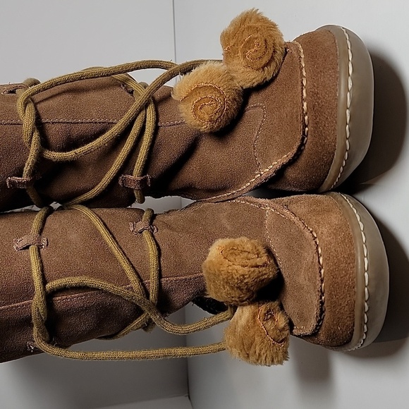 Steve‎ Madden P-Pop Boots Moccasins Suede Faux Fur Tie Pompoms Mid-Calf Brown 7 - Picture 3 of 12
